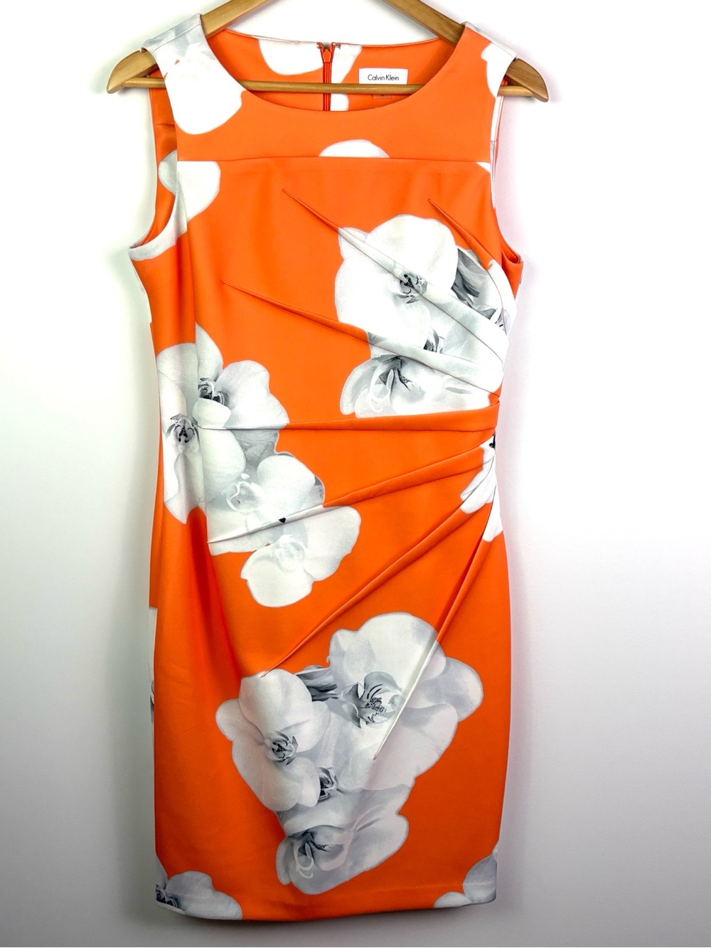 Calvin Klein Orange Midi Dress with White Floral Print size 10